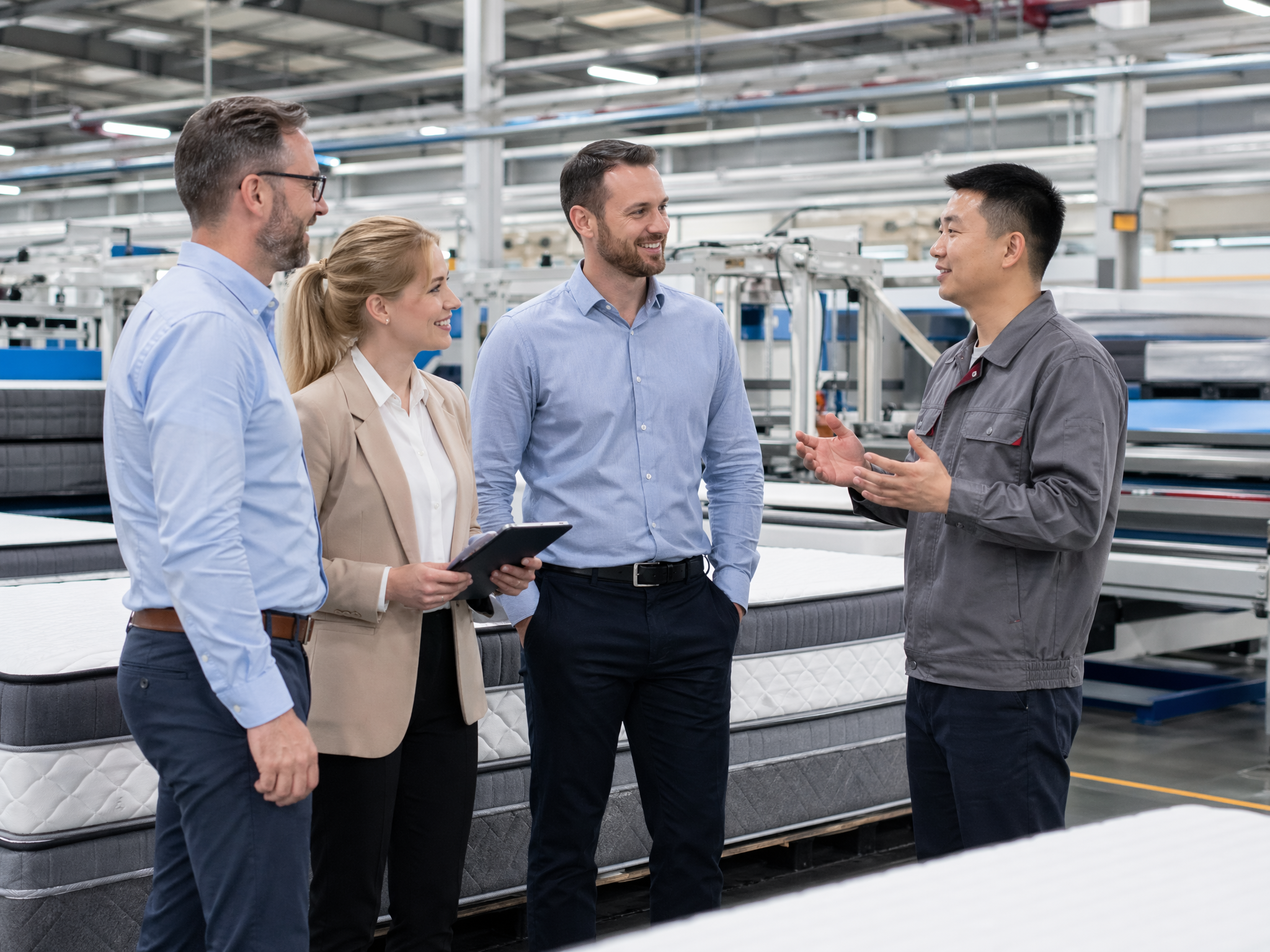 International clients visiting mattress production line